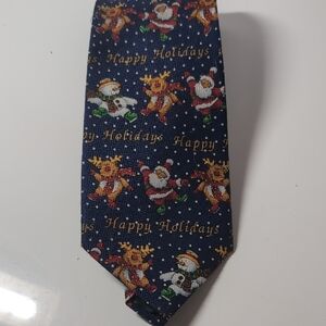 Festive Holiday Tie with Dancing Santa, Snowman and Reindeer - Navy Blue